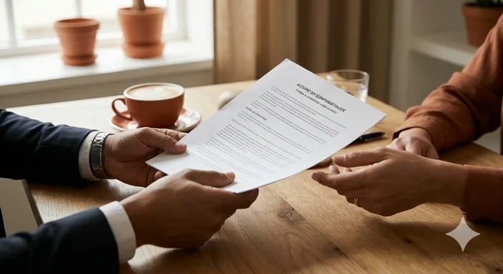 Main tenant un stylo au-dessus de documents administratifs sur un bureau chaleureux